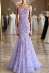 Light Purple Lace Mermaid Semi Formal Prom Dresses, Purple Lace Mermaid Formal Evening Dresses